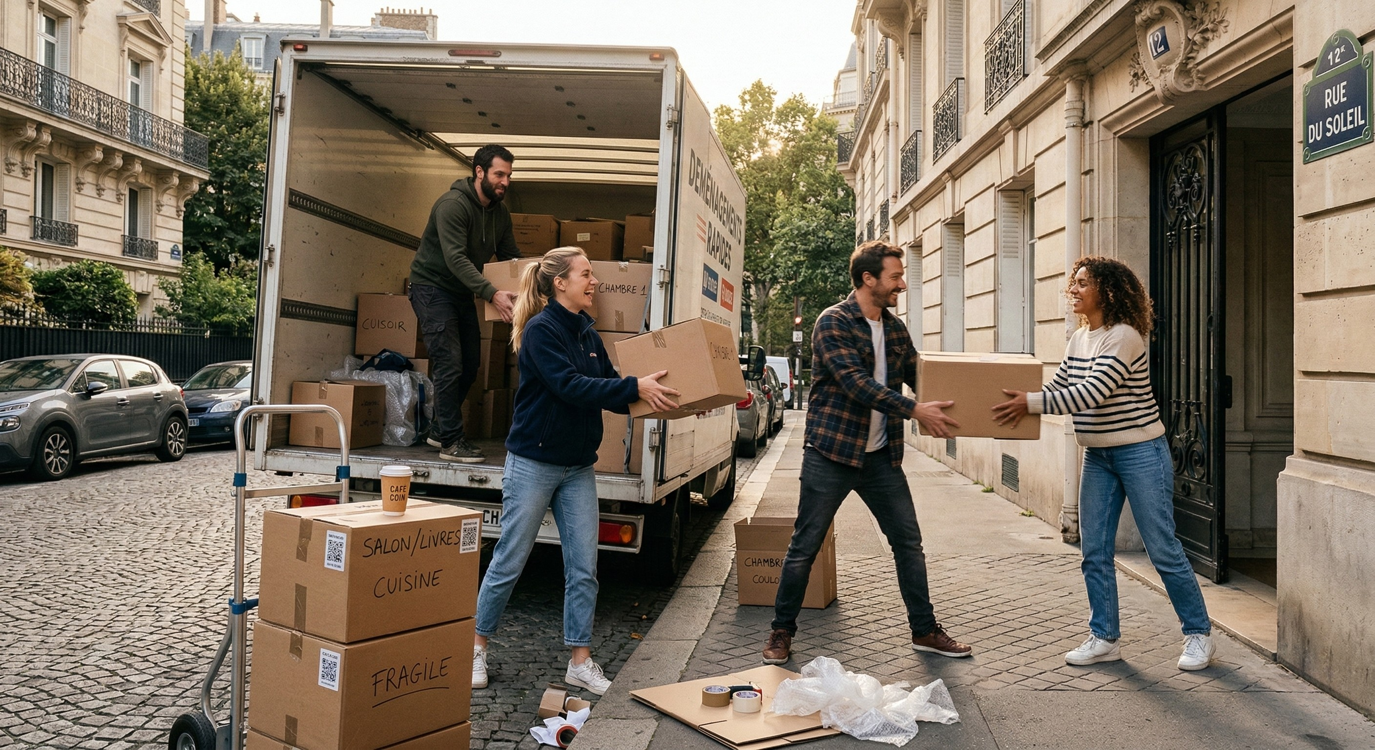 Arrivée dans le nouvel appartement - déménagement avec cartons étiquetés