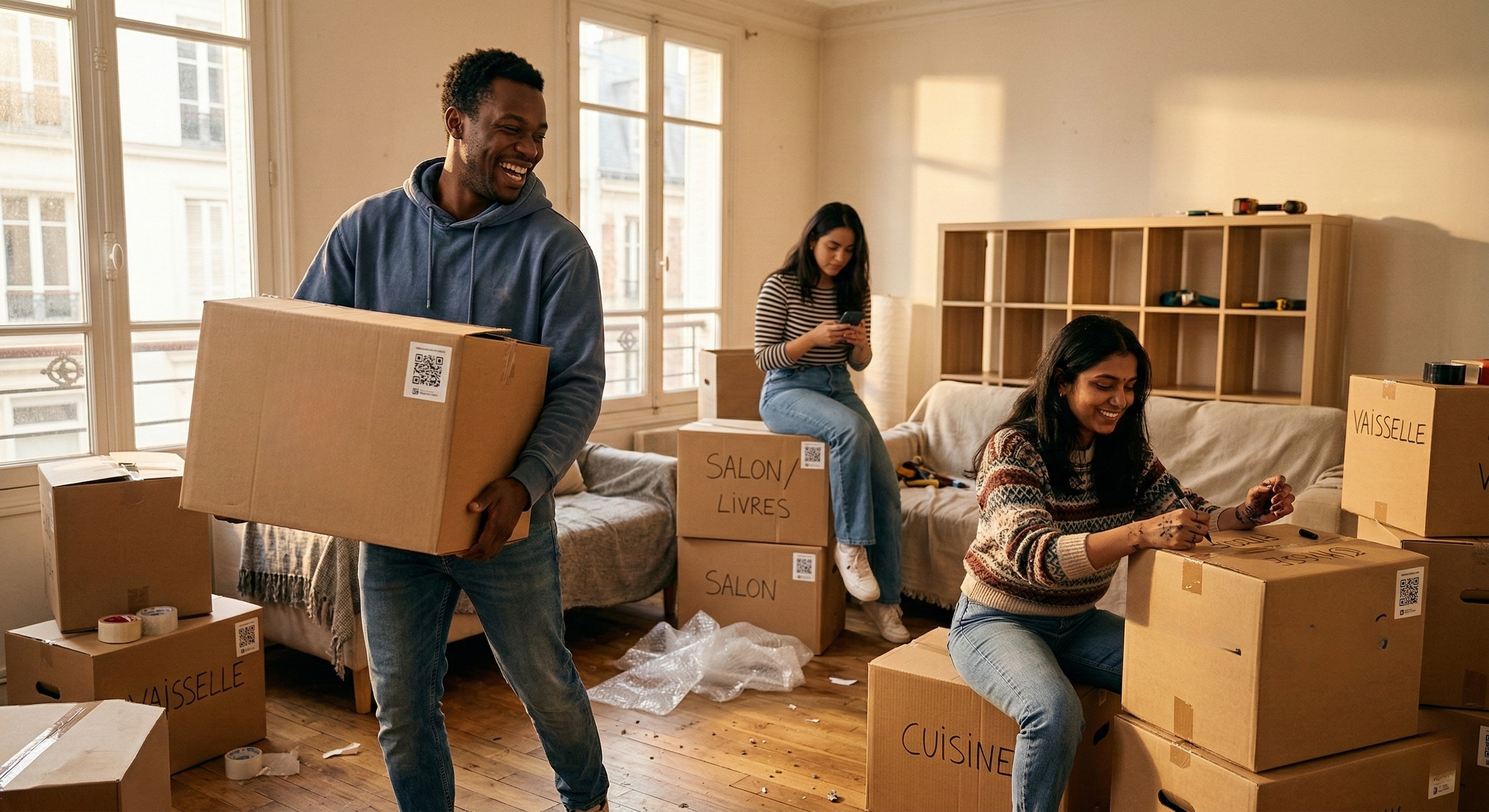 Déménagement en cours - cartons avec codes QR